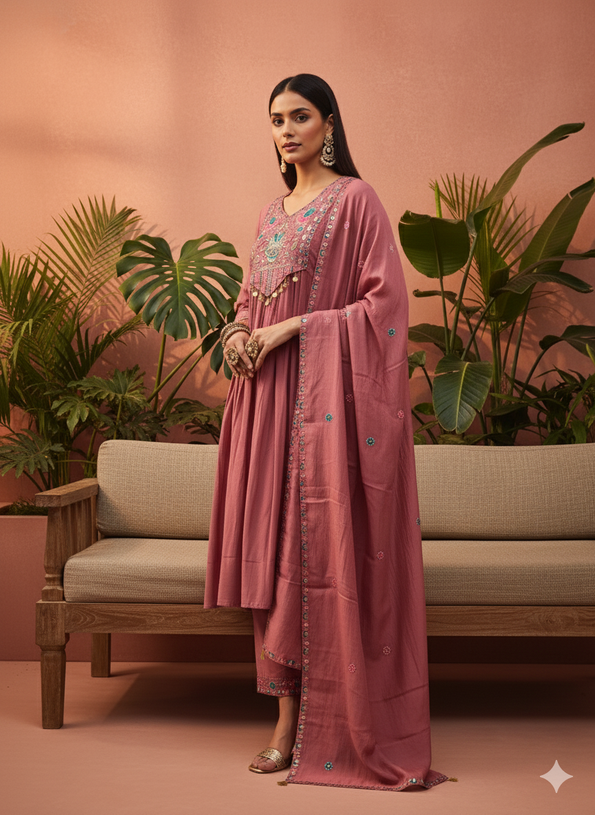 Rosewood Embroidered Kurta Set with Dupatta