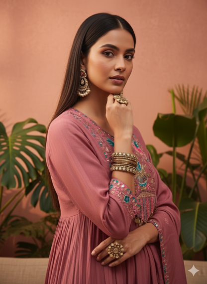 Rosewood Embroidered Kurta Set with Dupatta