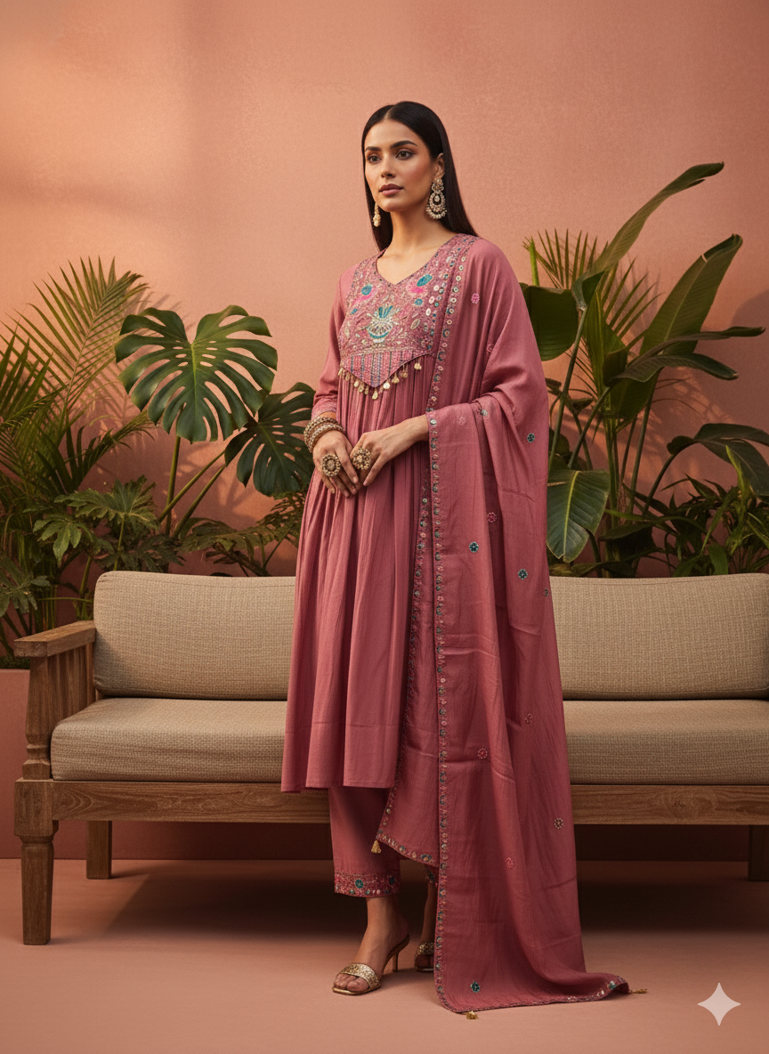 Rosewood Embroidered Kurta Set with Dupatta