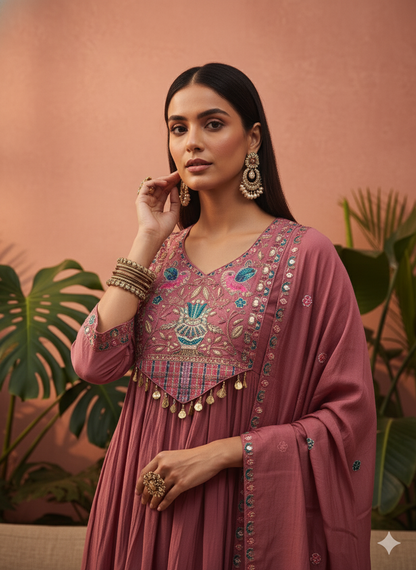 Rosewood Embroidered Kurta Set with Dupatta