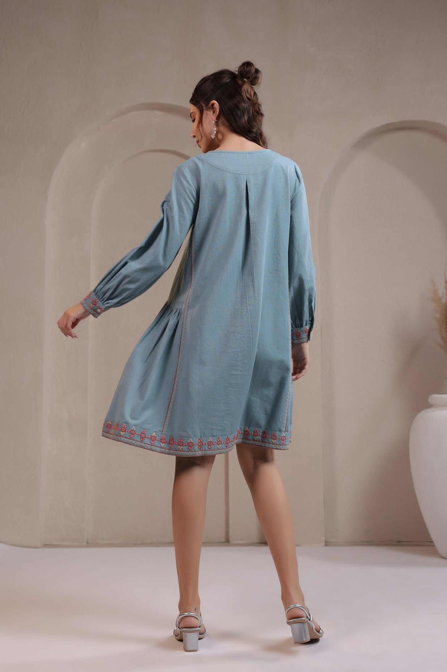 💙 Boho Breeze - Powder Blue Embroidered Short Dress
