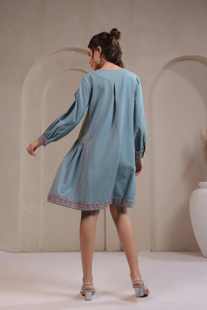 💙 Boho Breeze - Powder Blue Embroidered Short Dress