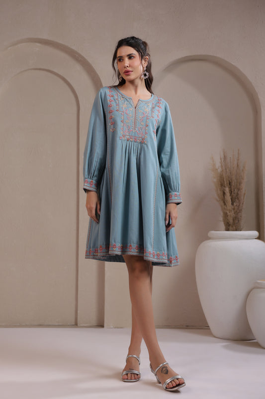 💙 Boho Breeze - Powder Blue Embroidered Short Dress