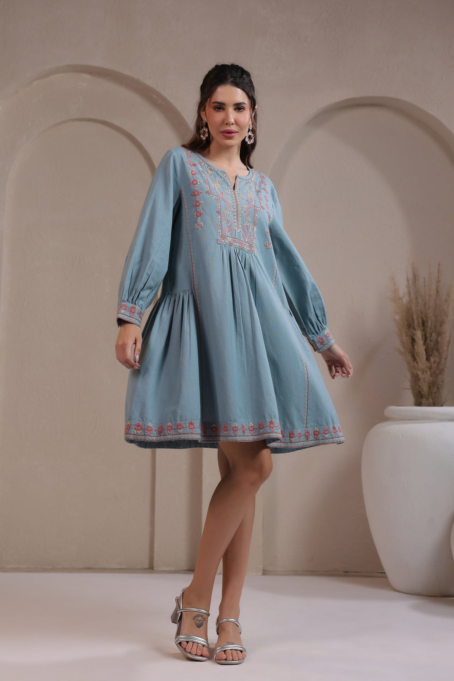 💙 Boho Breeze - Powder Blue Embroidered Short Dress
