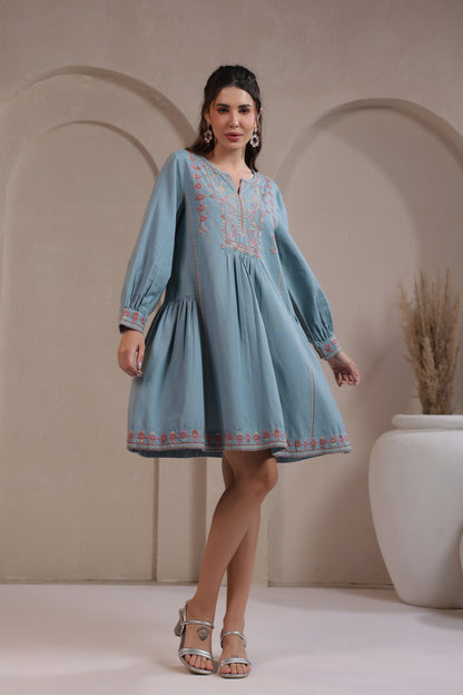 💙 Boho Breeze - Powder Blue Embroidered Short Dress