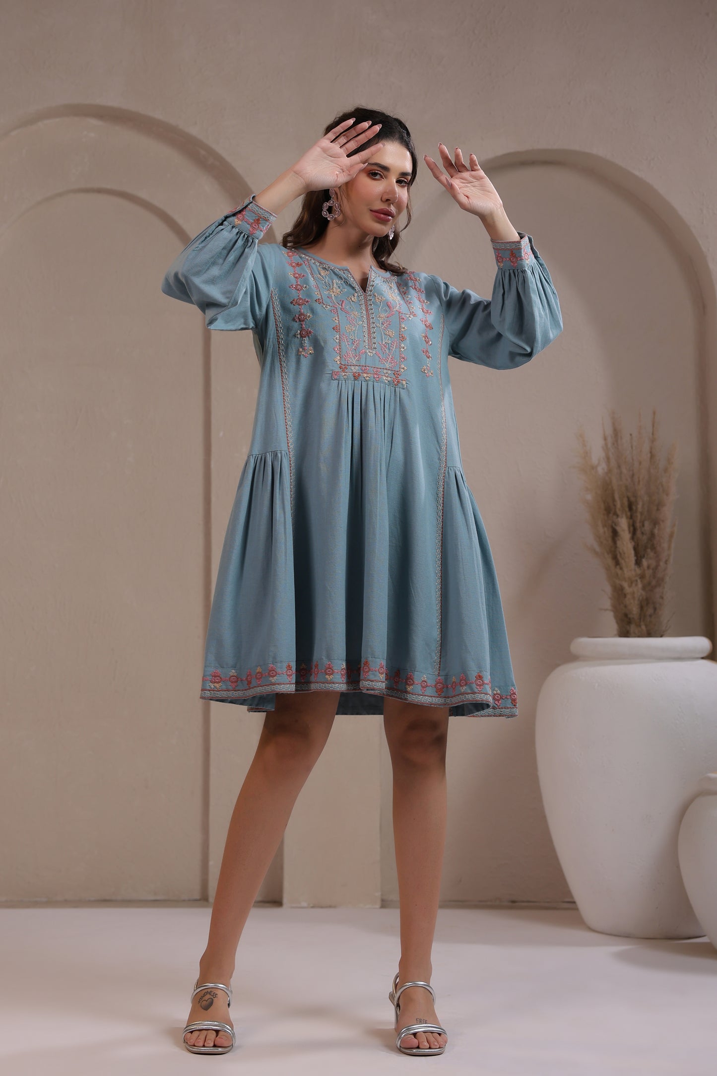 💙 Boho Breeze - Powder Blue Embroidered Short Dress