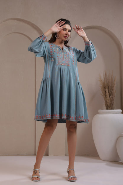 💙 Boho Breeze - Powder Blue Embroidered Short Dress