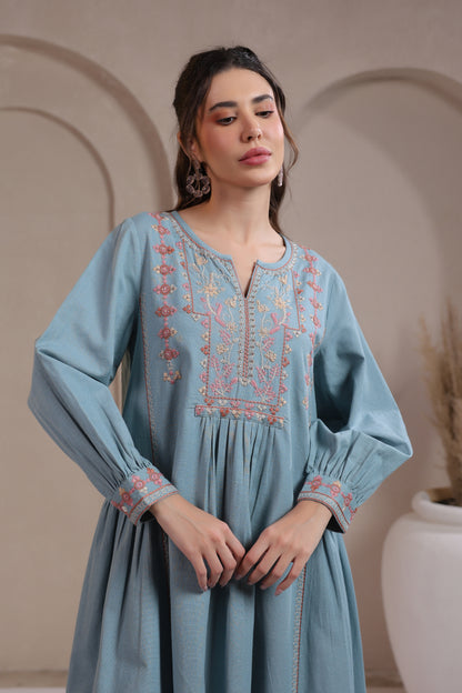 💙 Boho Breeze - Powder Blue Embroidered Short Dress