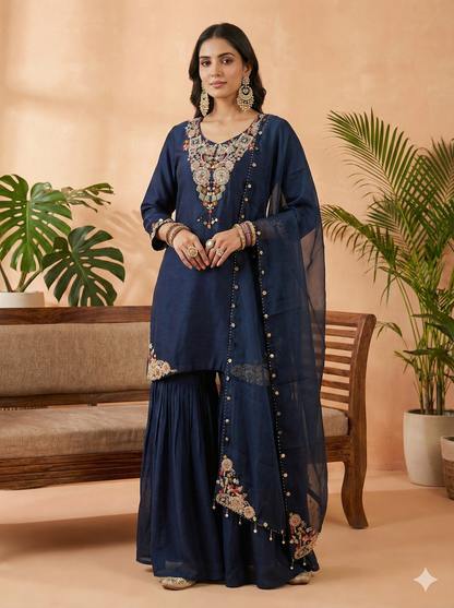 Ermeline Embroidered Kurta and Sharara with Dupatta Set