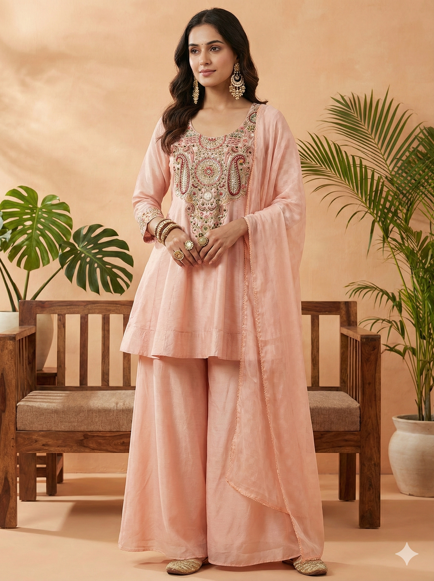 Veena Peach Short Kurta and Palazzo with Dupatta Set