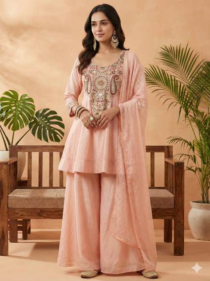 Veena Peach Short Kurta and Palazzo with Dupatta Set