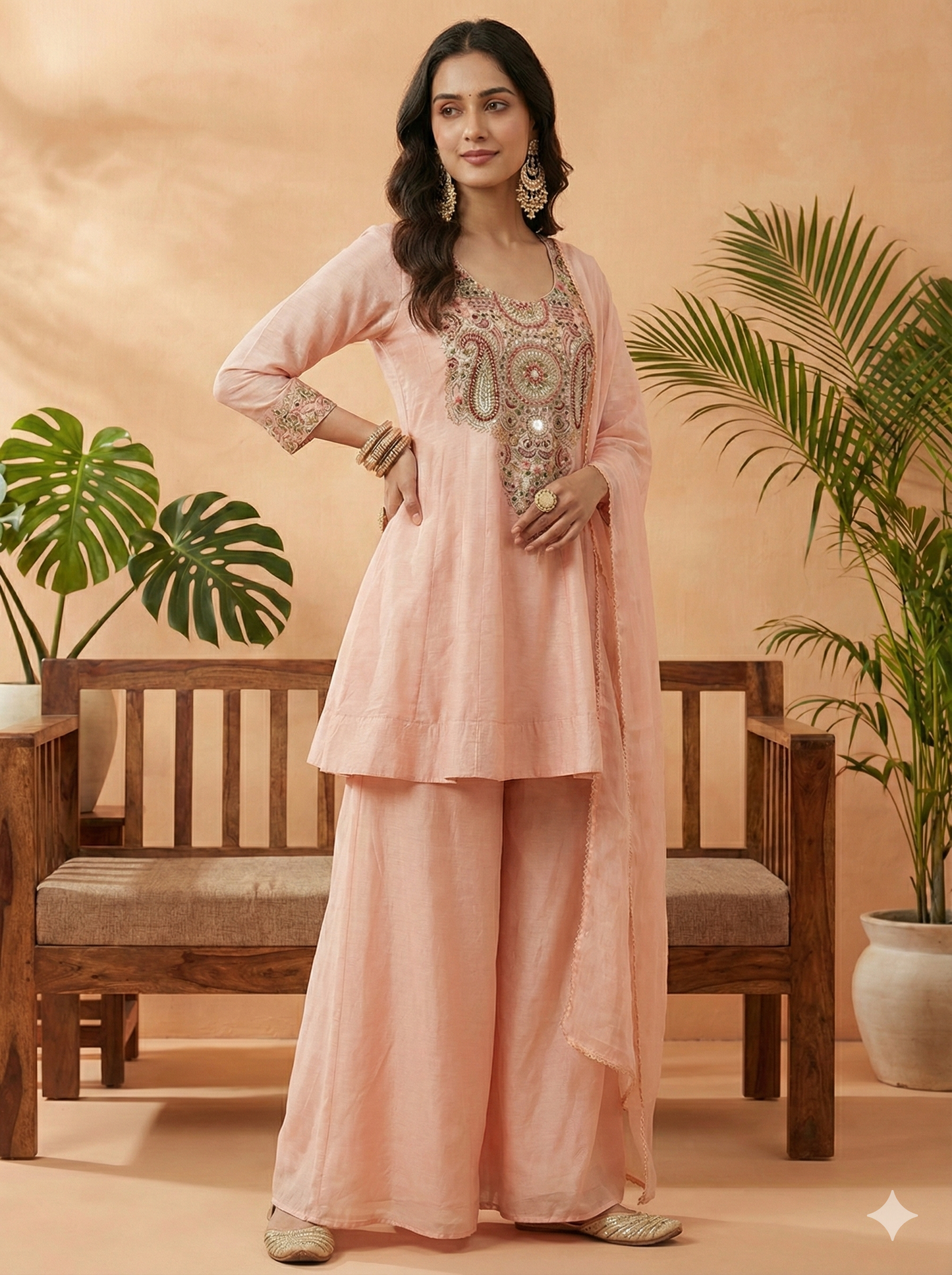 Veena Peach Short Kurta and Palazzo with Dupatta Set