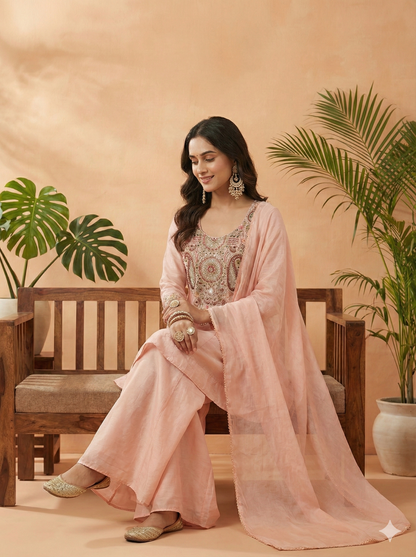 Veena Peach Short Kurta and Palazzo with Dupatta Set