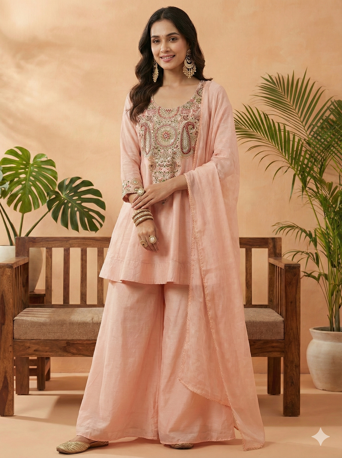 Veena Peach Short Kurta and Palazzo with Dupatta Set