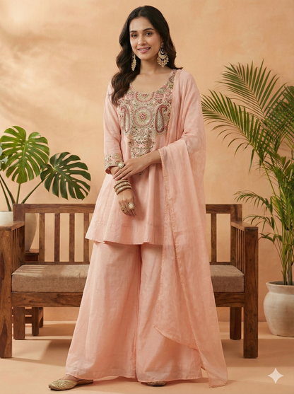 Veena Peach Short Kurta and Palazzo with Dupatta Set