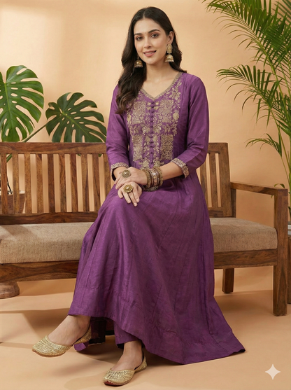 Zeena Purple Embroidered Long Kurta with Pant Set