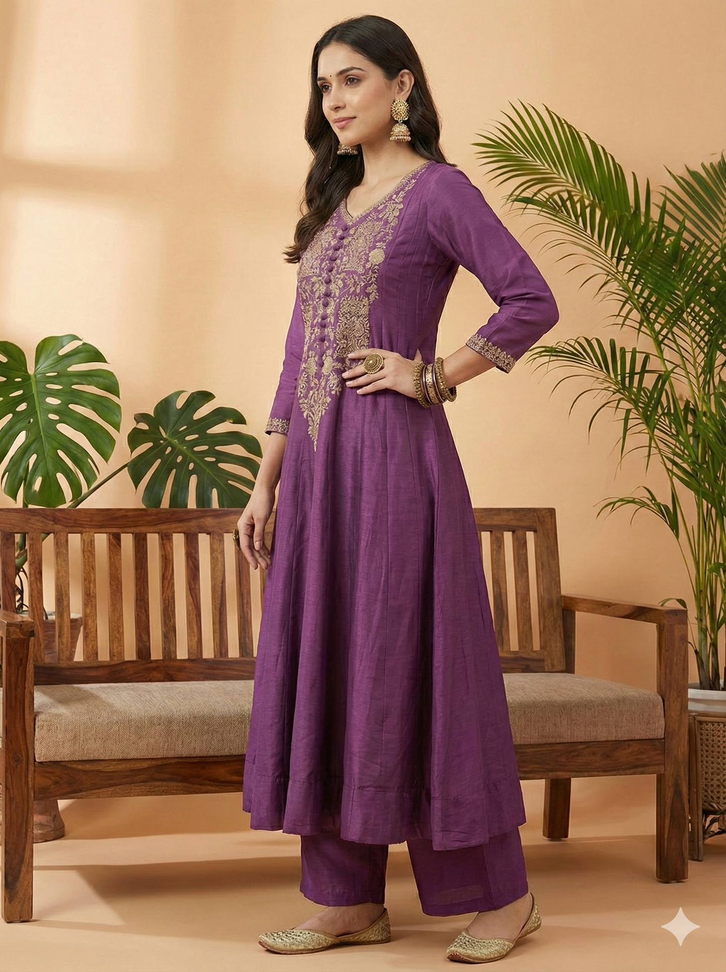 Zeena Purple Embroidered Long Kurta with Pant Set