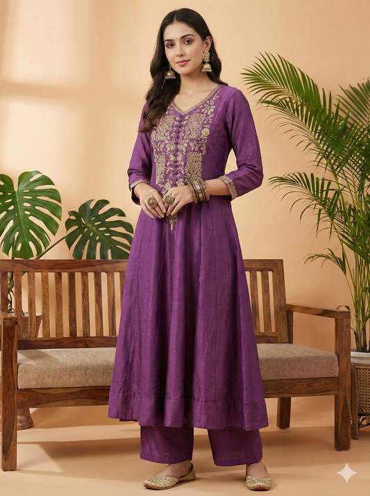 Zeena Purple Embroidered Long Kurta with Pant Set