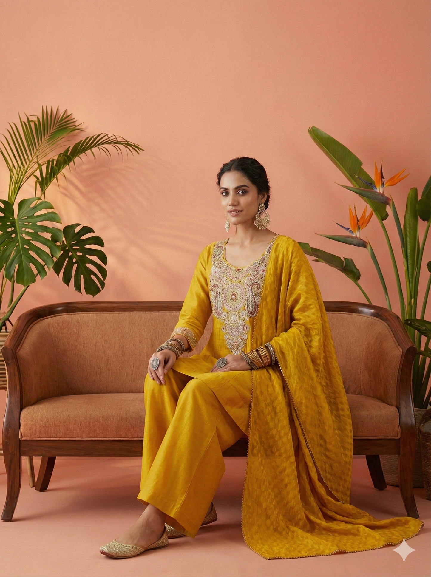 Veena Golden Short Kurta and Palazzo with Dupatta Set