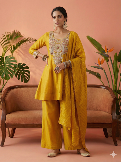Veena Golden Short Kurta and Palazzo with Dupatta Set