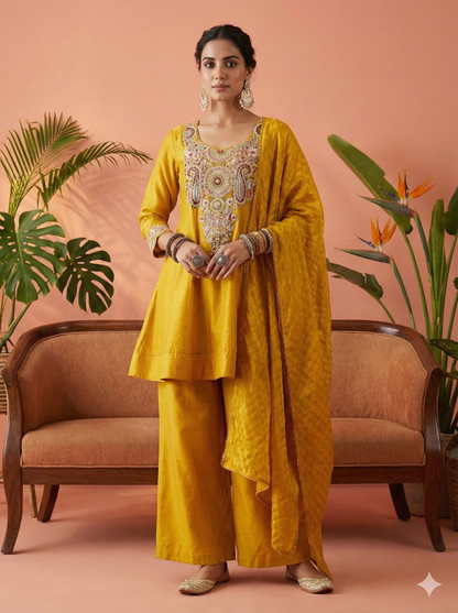 Veena Golden Short Kurta and Palazzo with Dupatta Set