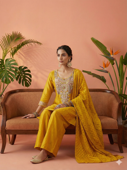 Veena Golden Short Kurta and Palazzo with Dupatta Set