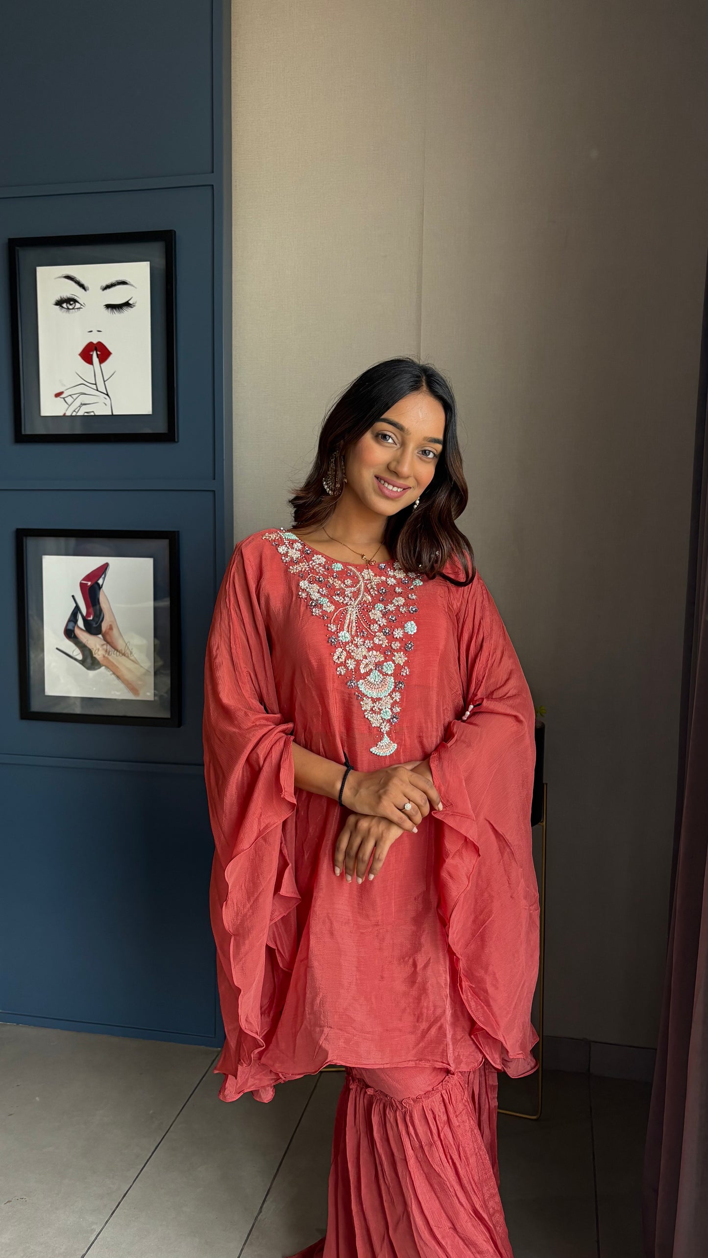 Stitched Chinon kaftan set for Indian festive occasions