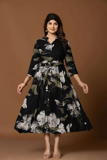 Stunning Black Digital Print Midi Dress