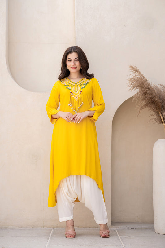 Unique Bright Yellow Indo Western Set 