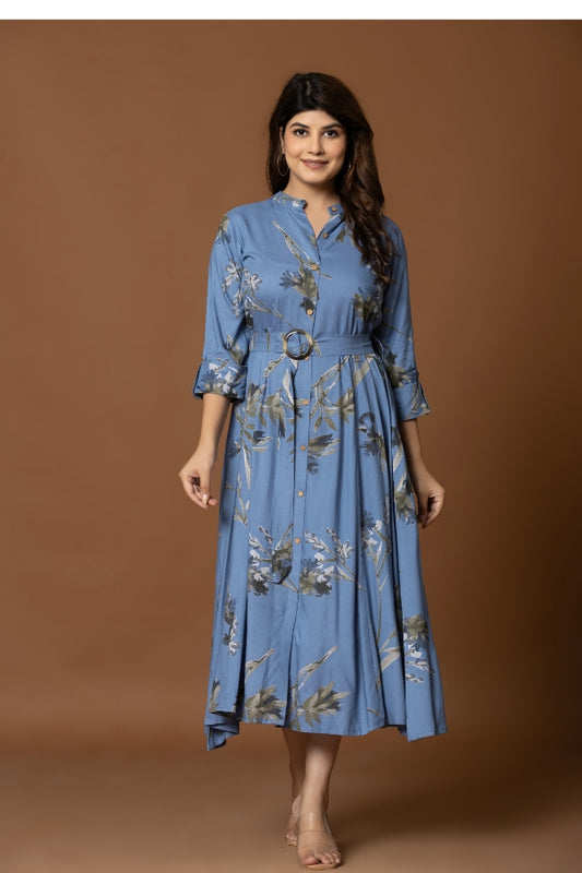 Navy Blue Floral Fit & Flare Midi Dress with Belt