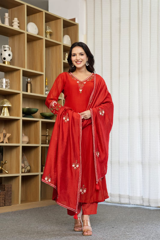 Red Kurta Set with Dupatta | Embroidered floral motifs, tassel detailing | Festive Ethnic Wear👗
