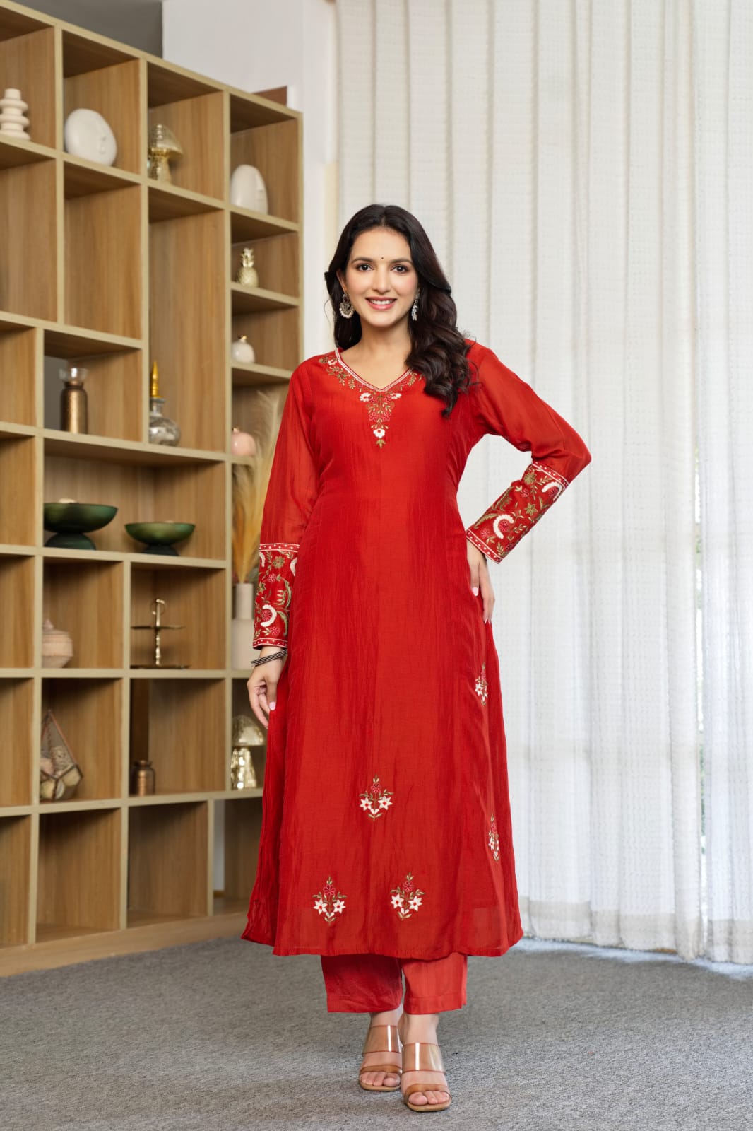 Red Kurta Set with Dupatta | Embroidered floral motifs, tassel detailing | Festive Ethnic Wear👗