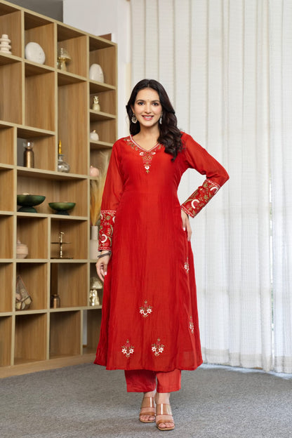 Red Kurta Set with Dupatta | Embroidered floral motifs, tassel detailing | Festive Ethnic Wear👗