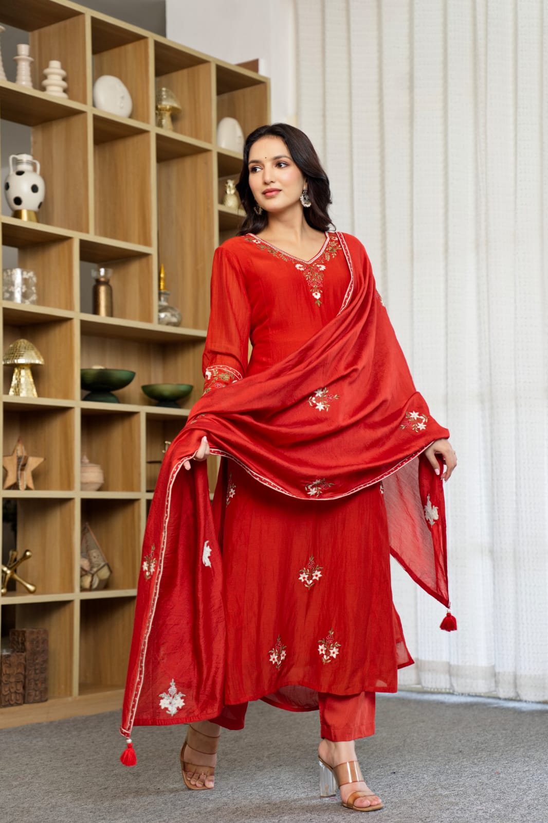 Red Kurta Set with Dupatta | Embroidered floral motifs, tassel detailing | Festive Ethnic Wear👗