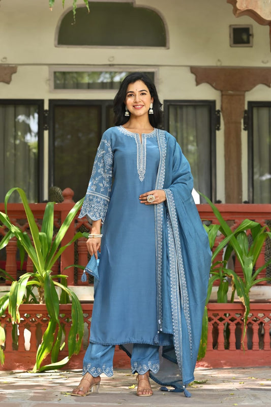 Blue Cotton Anarkali Kurta Set With Dupatta| Embroidered Sleeves, Neck |Anarkali style Wear