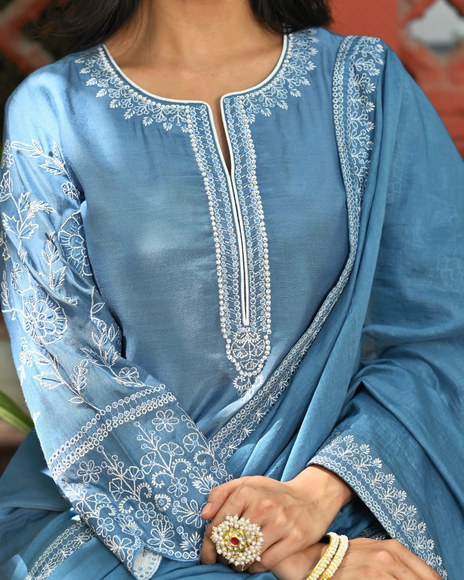 Blue Cotton Anarkali Kurta Set With Dupatta| Embroidered Sleeves, Neck |Anarkali style Wear