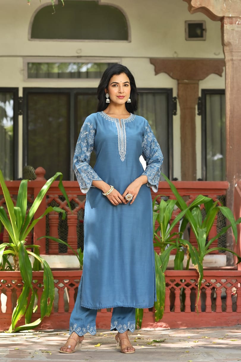 Blue Cotton Anarkali Kurta Set With Dupatta| Embroidered Sleeves, Neck |Anarkali style Wear
