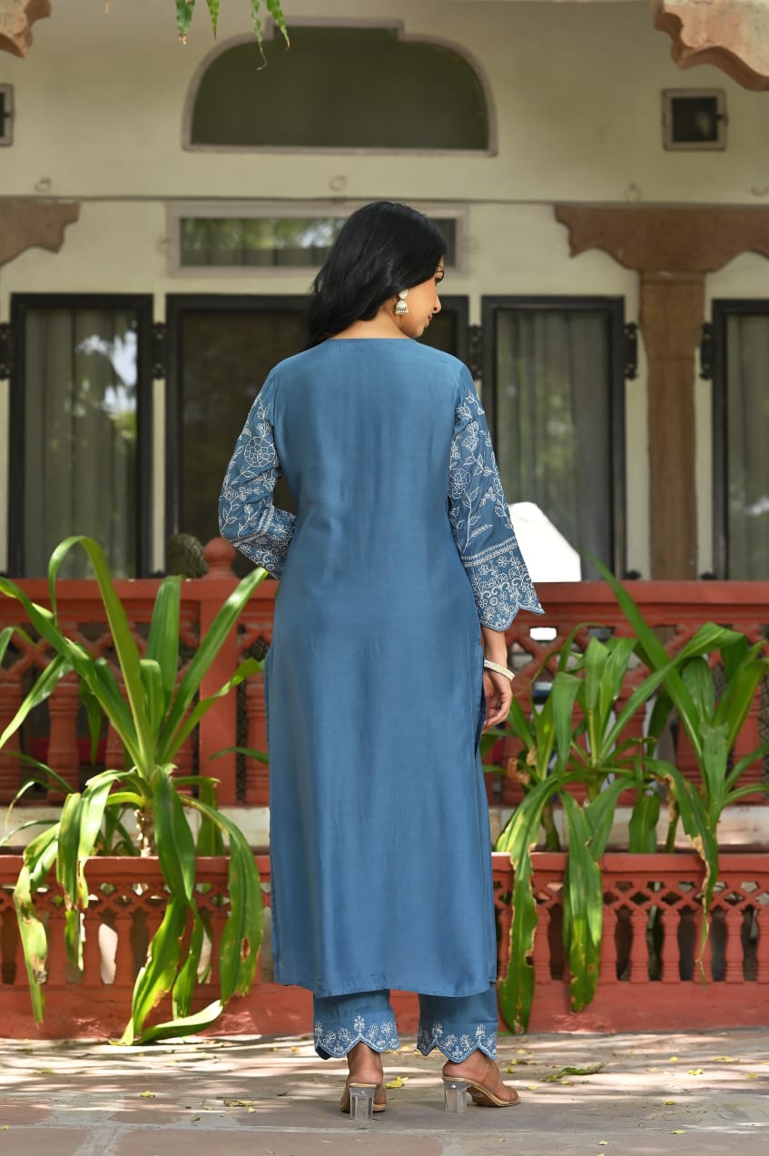 Blue Cotton Anarkali Kurta Set With Dupatta| Embroidered Sleeves, Neck |Anarkali style Wear