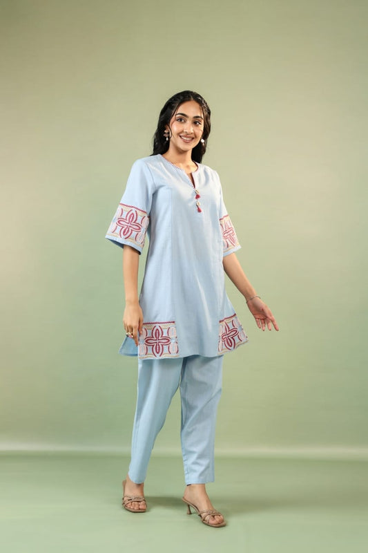 💠 Powder Blue Hand-Embroidered Cotton Co-Ord Set