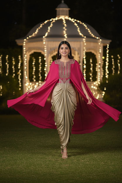 Fuchsia Cape Style Embellished Top with Golden Drape Skirt SeT