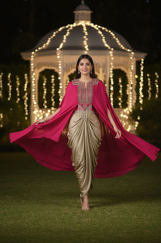 Fuchsia Cape Style Embellished Top with Golden Drape Skirt SeT