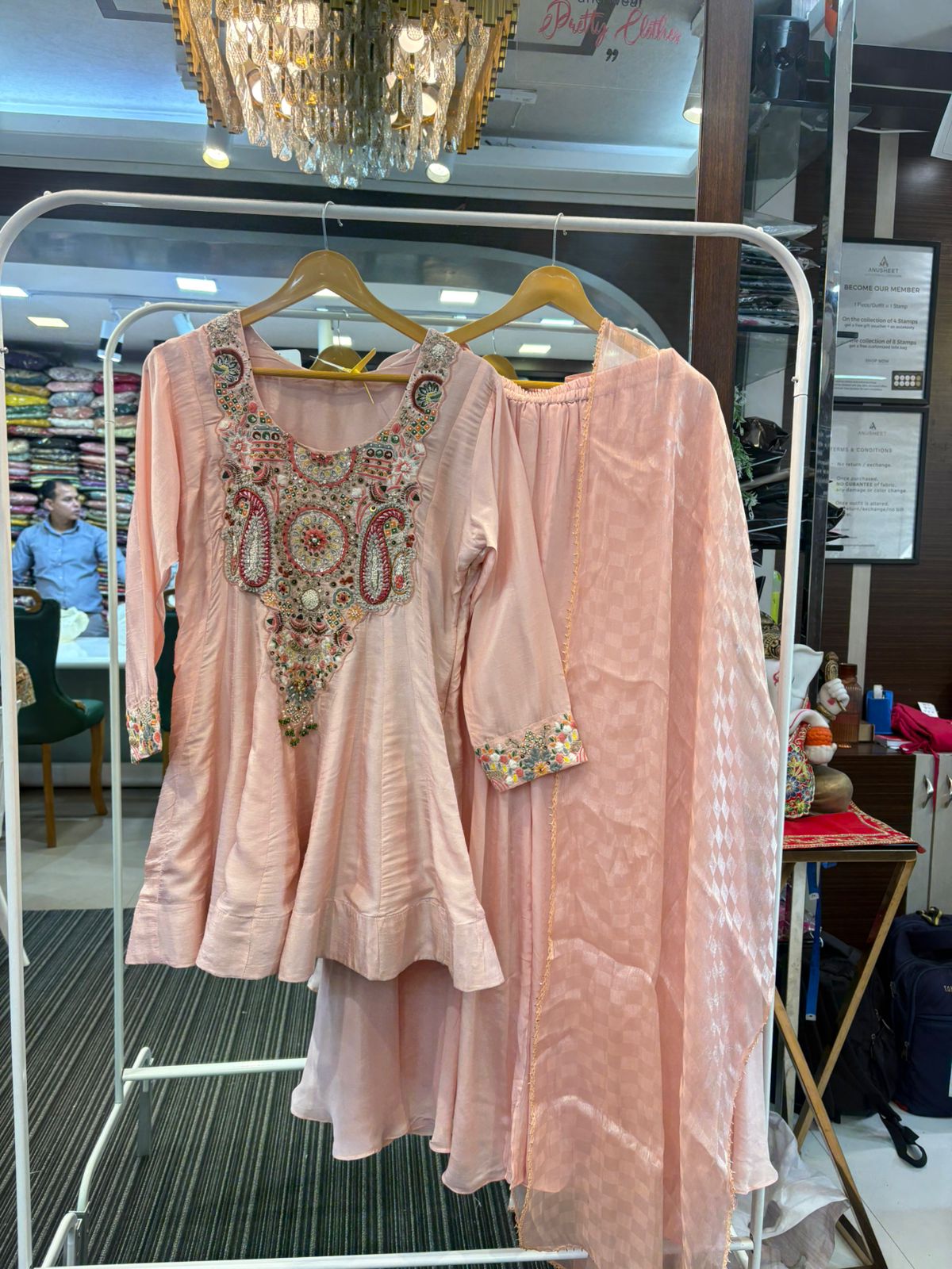 Veena Peach Short Kurta and Palazzo with Dupatta Set
