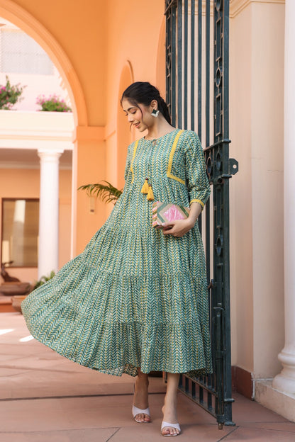 Beautiful Printed Green Cotton Midi Dress