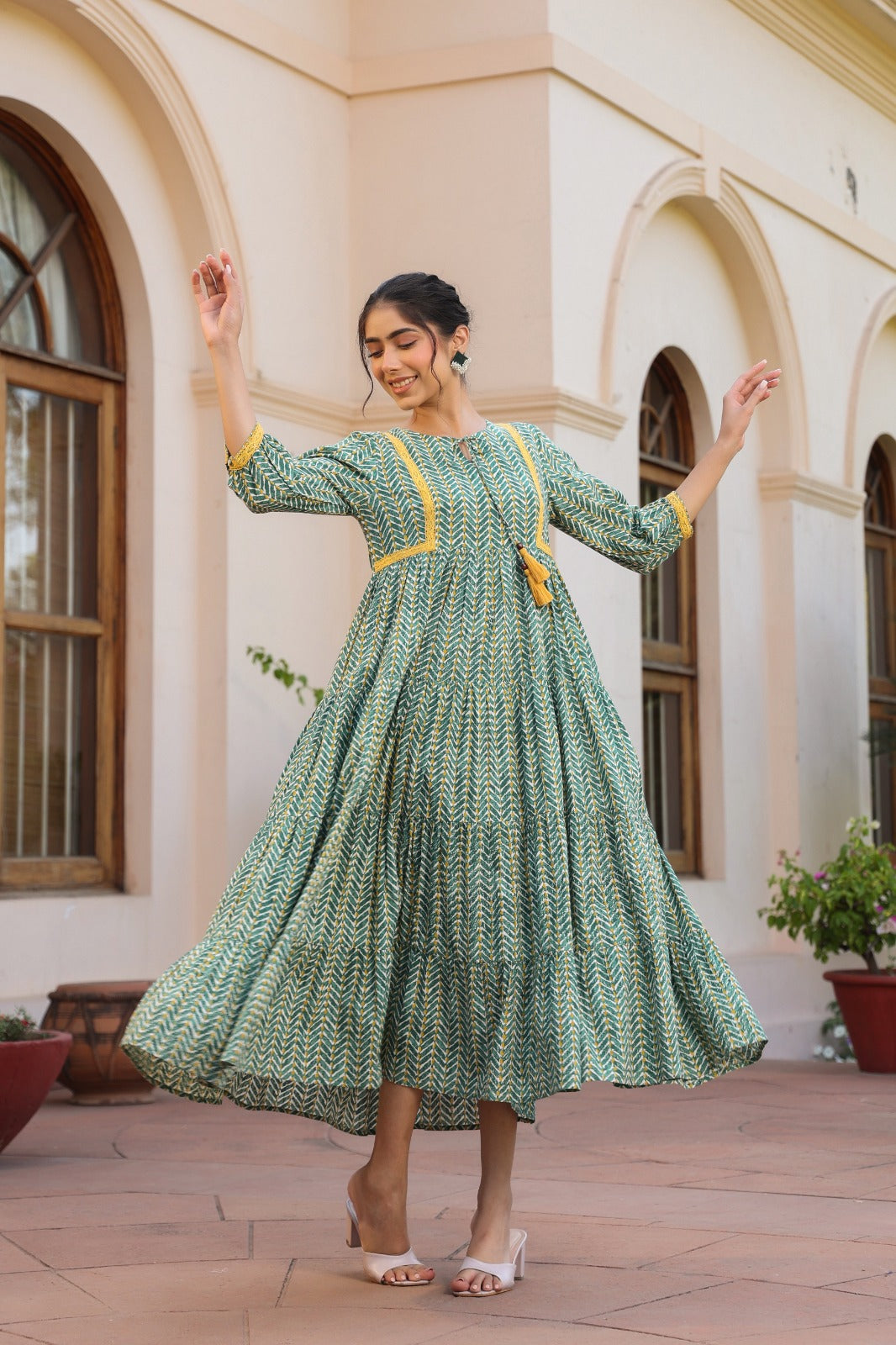 Beautiful Printed Green Cotton Midi Dress