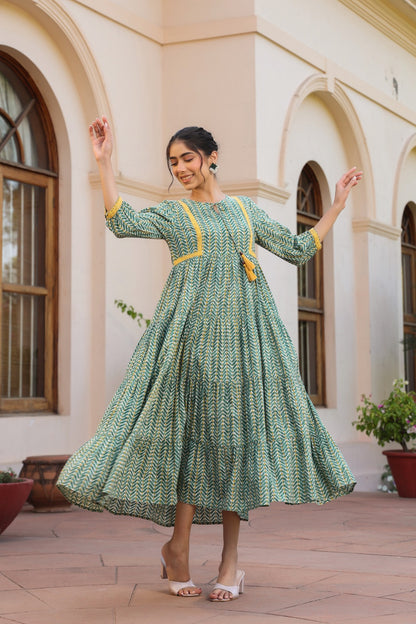 Beautiful Printed Green Cotton Midi Dress