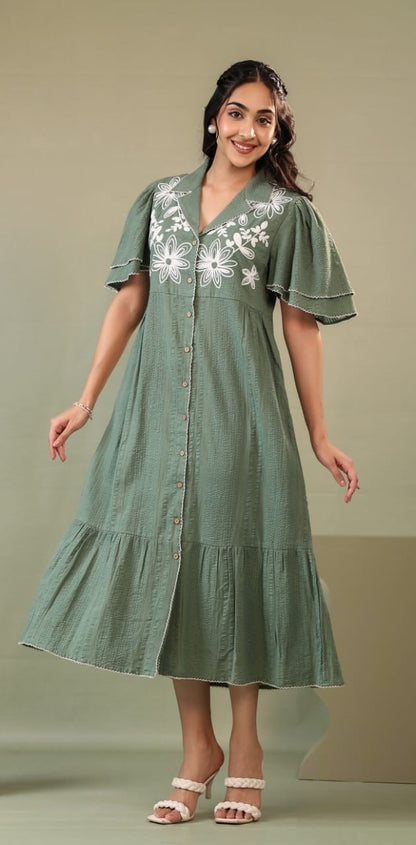 Women's Floral Embroidered Green Midi Dress
