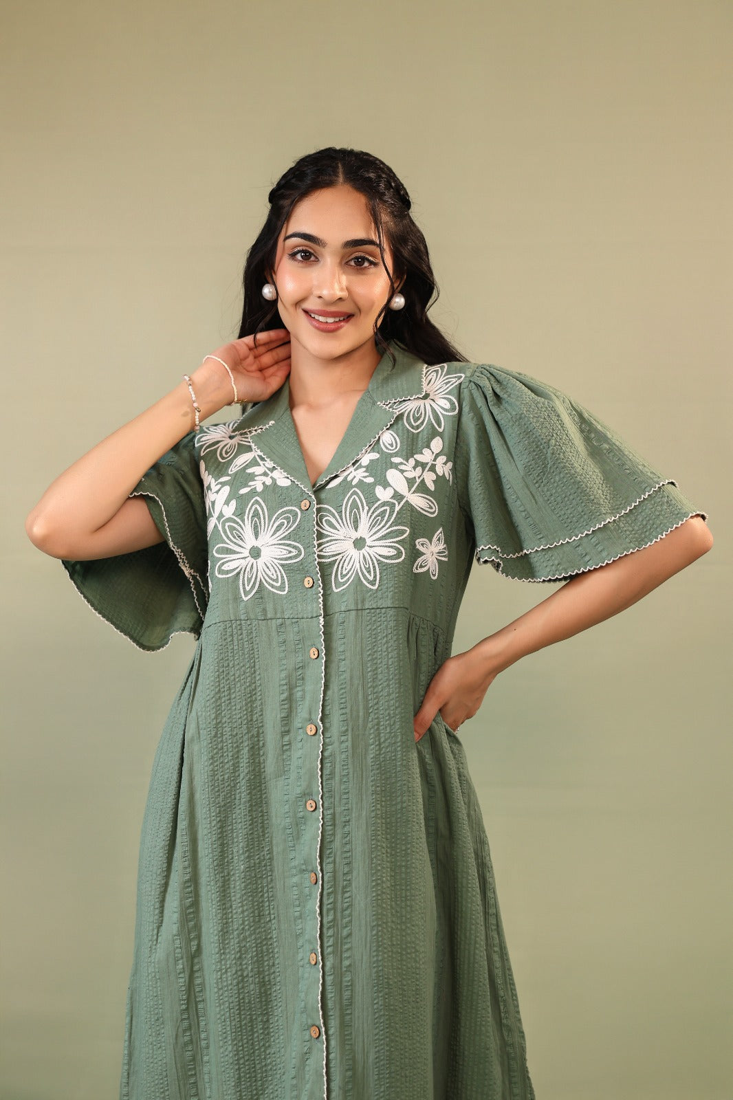 Women's Floral Embroidered Green Midi Dress