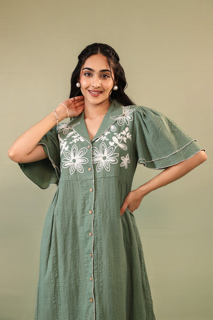 Women's Floral Embroidered Green Midi Dress