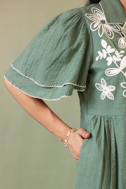 Women's Floral Embroidered Green Midi Dress