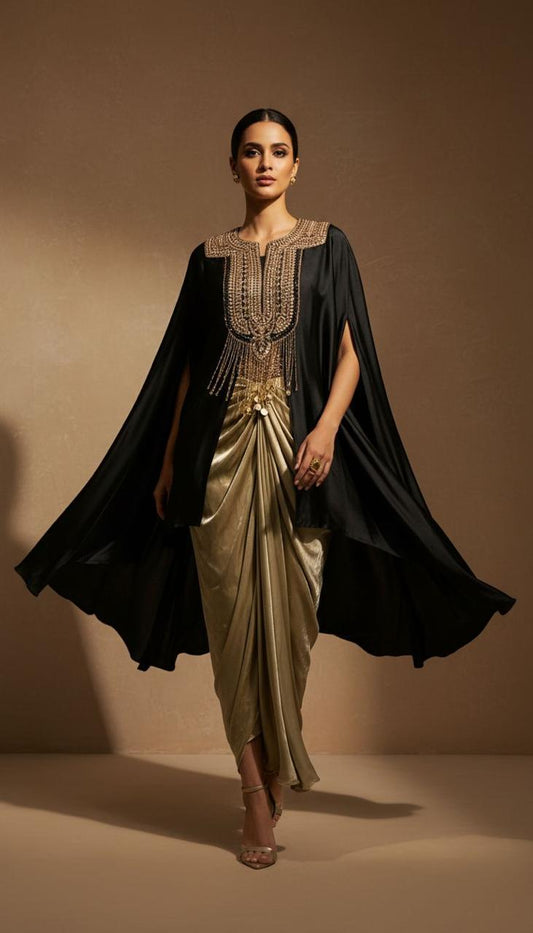 Black Cape Style Embellished Top with Golden Drape Skirt